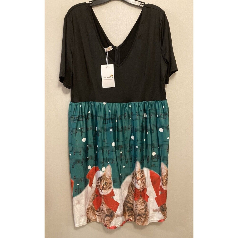 Moking Top Women's Holiday Cat Dress Knee Length Multicolor V-Neck Plus "3XL"